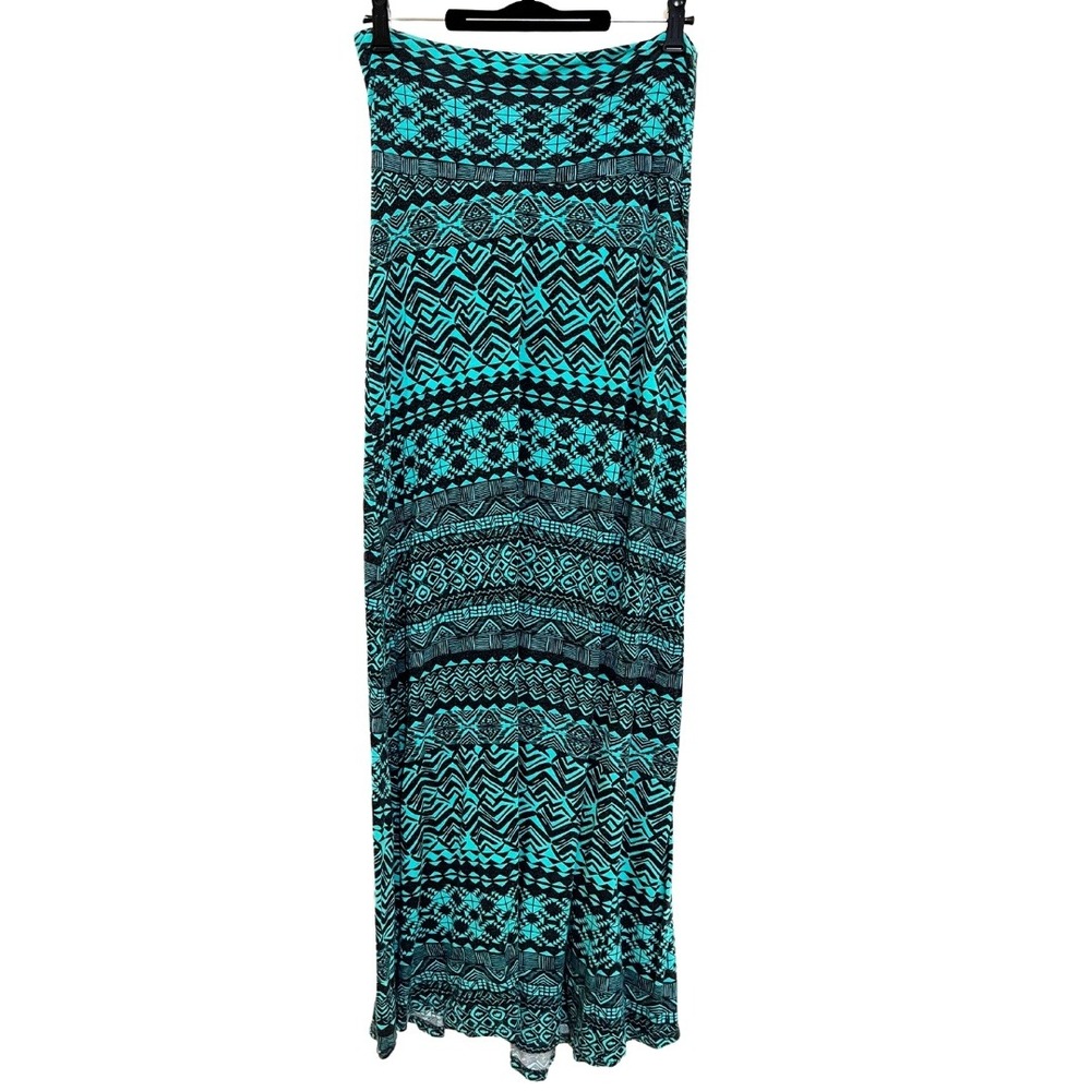 Geometric Tribal Print Boho Turquoise & Black Maxi Skirt – Poetry, L